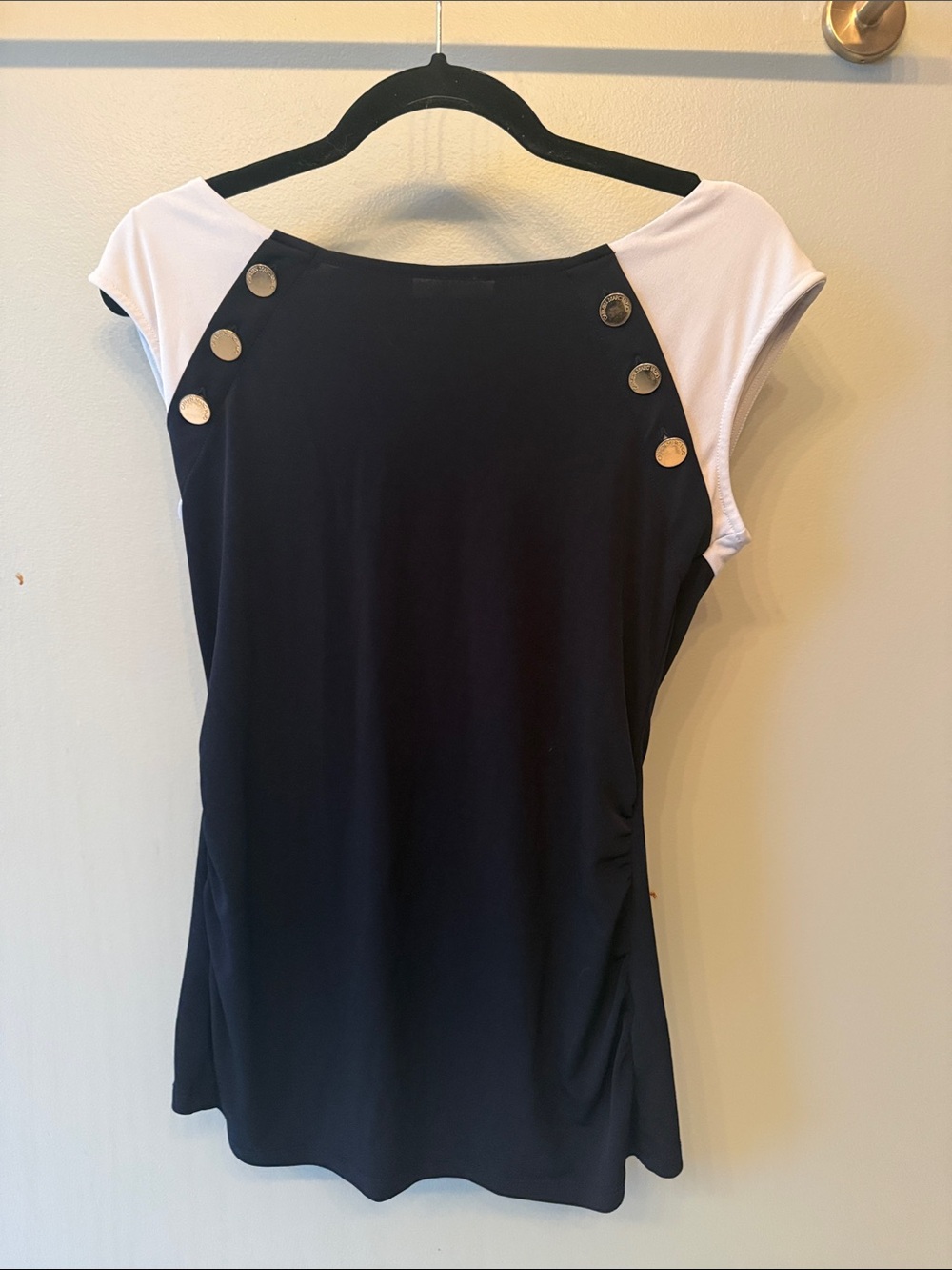 Carmen Marc Valvo Navy Tunic with White Cap Sleeves and Gold Buttons